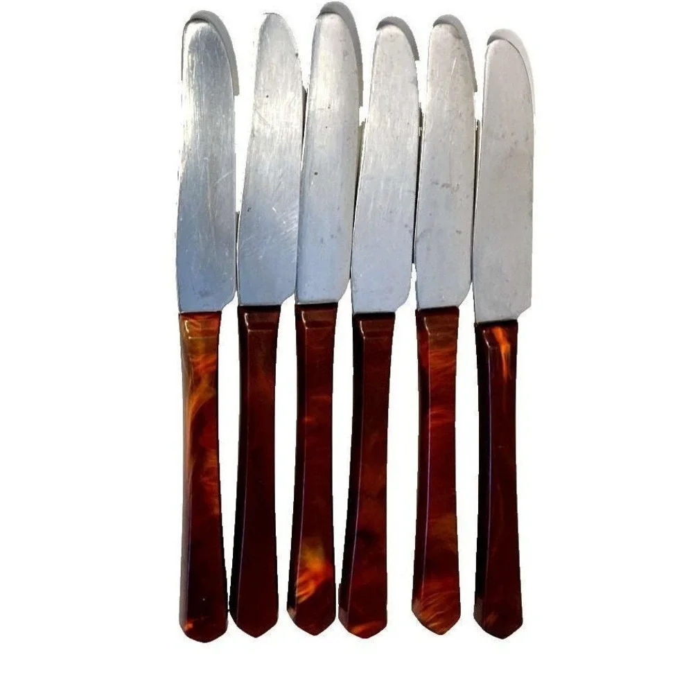 Vtg Kaylan Stainless Steel Serated Knives Brown Marbled Thermoset Handles MCM‎